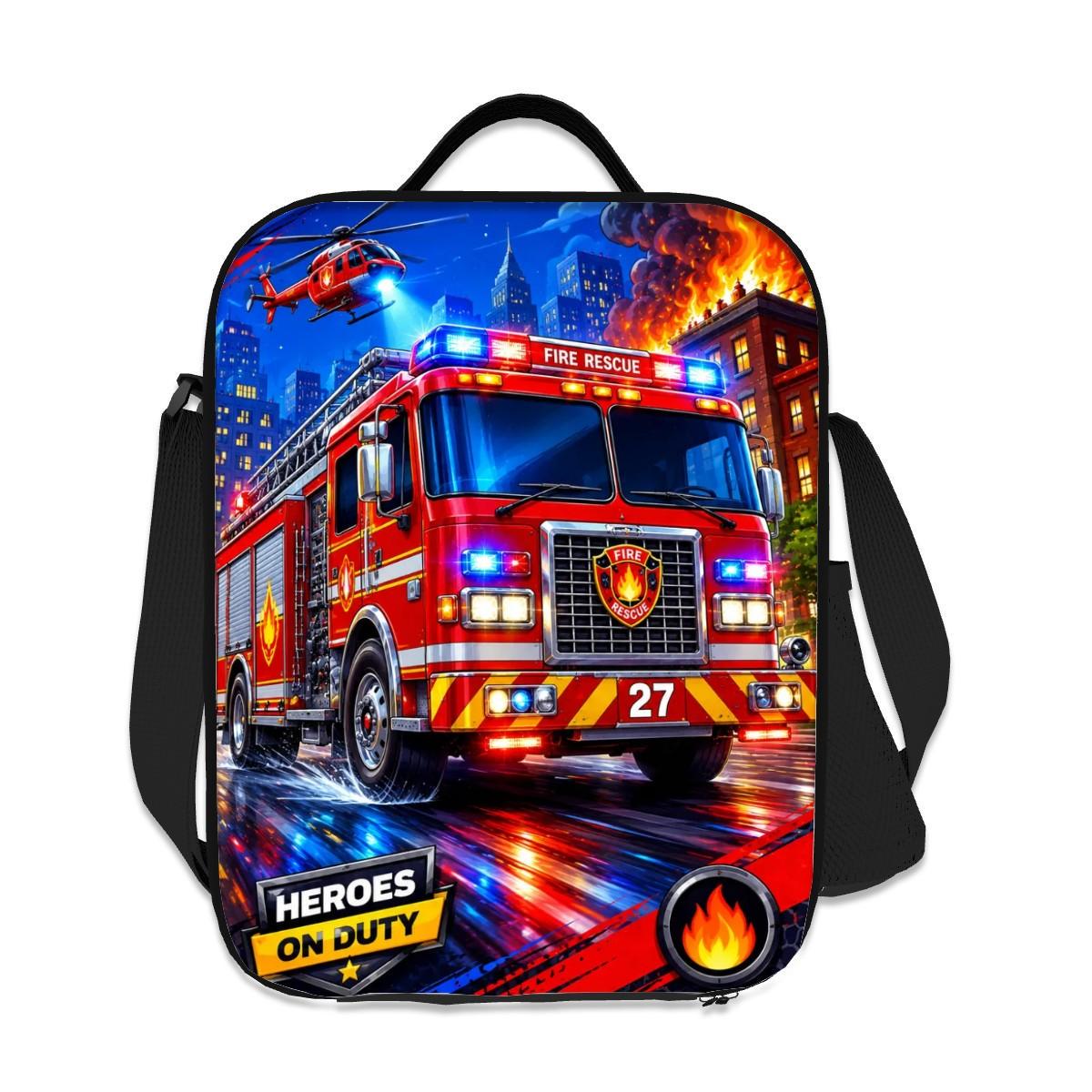 Fire Truck Insulated Lunch Bag with Shoulder Strap, Firefighter Lunch Box for Boys, Fire Engine Lunch Tote, Rescue Vehicle School Lunch Bag