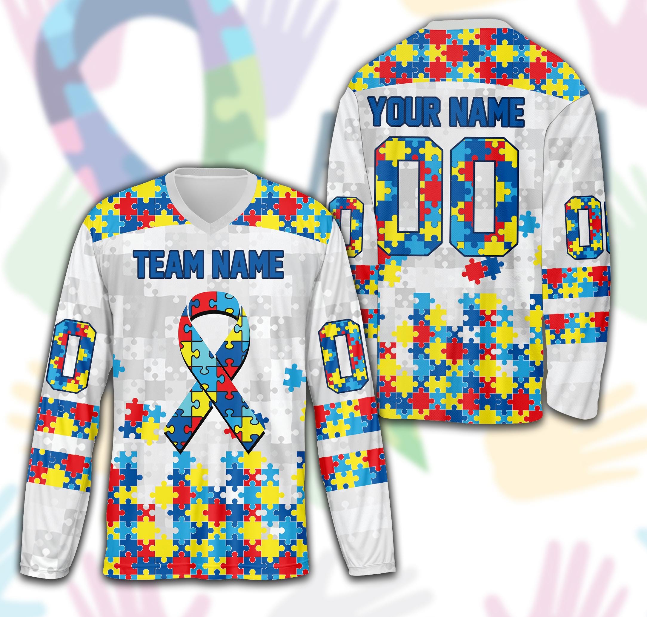 Personalized Autism Awareness Month Ice Hockey Jersey, Custom Name Puzzle Autism Hockey Shirt, Autism Ribbon Hockey Team Jersey Autism Shirt