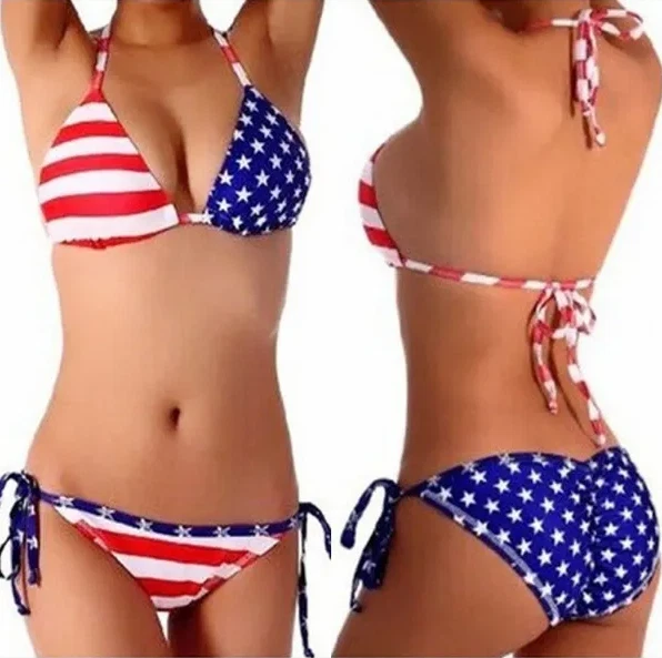 American Flag Print Halter Triangle Bikini Swimsuit for Women