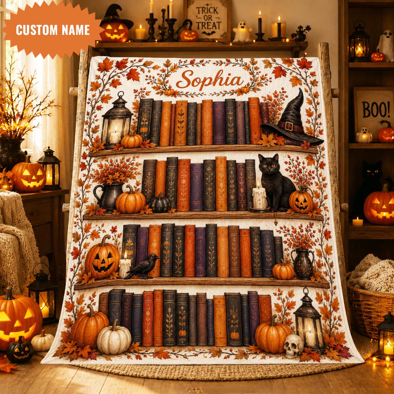 Personalized Halloween Bookshelf Quilt, Spooky Library Blanket, Black Cat Pumpkin Fall Quilt