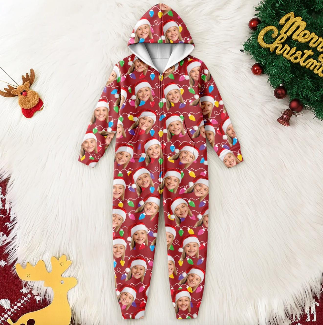 Custom Human Face Photo With Colorful Christmas Lights Onesie Pajamas