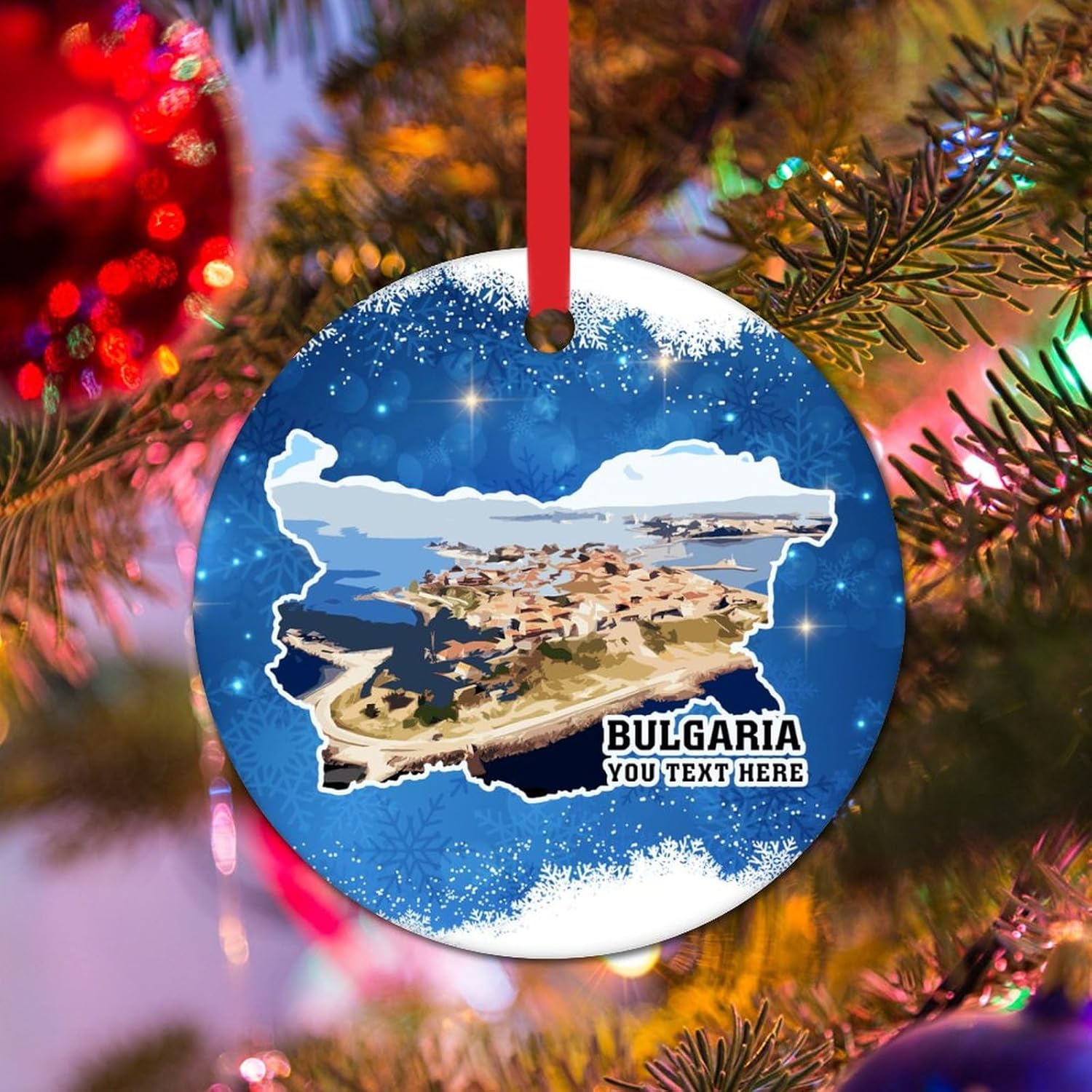 Bulgaria National Flag Porcelain Ceramic Christmas Ornament World Traveler Christmas Ornaments for Tree Bulgaria Landscapes Cityscape Custom Christmas Party Supplies