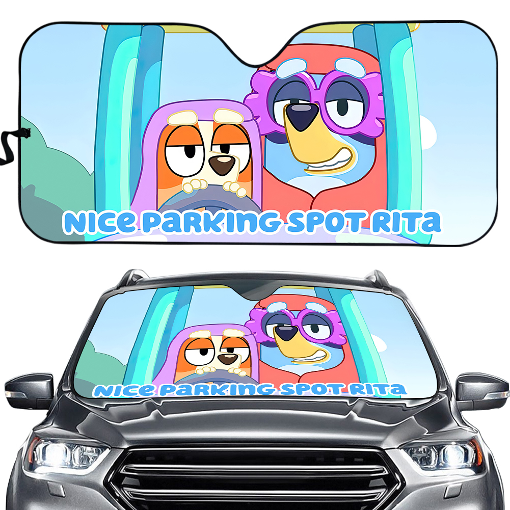 Cute Dog Family Car Sun Shade, Blue Dog SunShade, Nice Parking Spot Rita Car Windshield, Movie Cartoon Car Accessory, Car Decoration