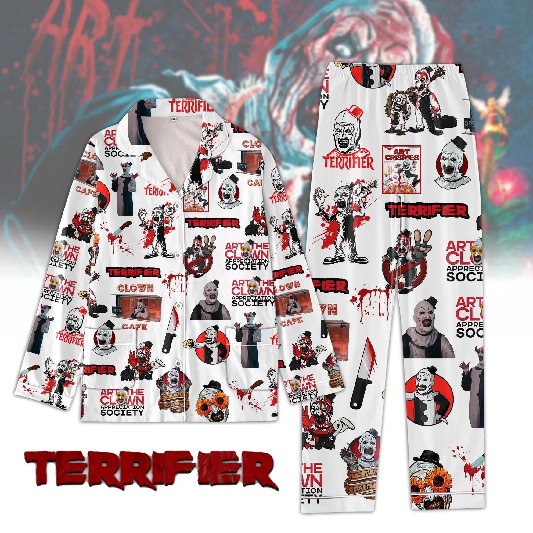 Terrifier Movie Pajamas Set, Horror Characters Shirt, Art The Clown Pj Set, Evil Clown Holiday Pajamas, Vintage Spooky Season Pyjamas
