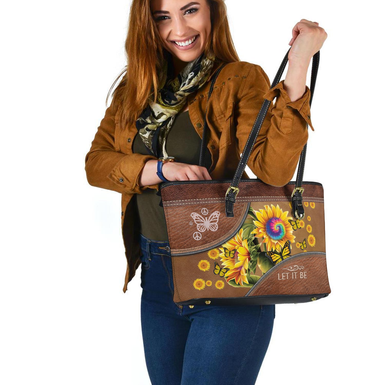 Hippie Butterfly Sunflower Leather Tote Bag, Sunflower Lover Bag, Butterfly Leather Bag, Hippie Style Bag, Shoulder bag