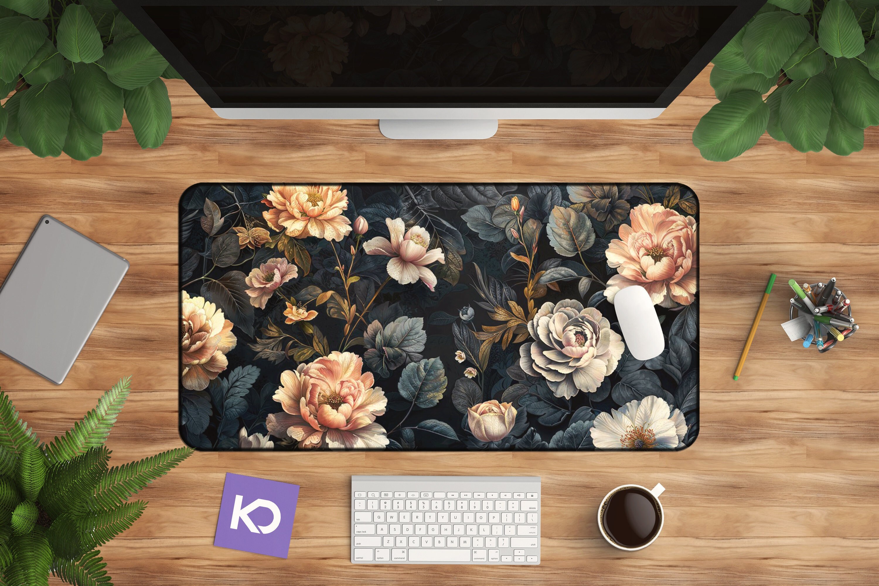 Floral Desk Mat with Moody Dark Vintage Peony Design