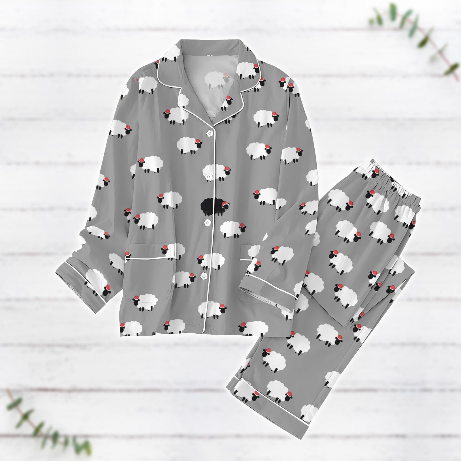 Cute Sheep Christmas Pajamas Set, Funny Sheep Santa Hat Xmas Pajamas, Sheep Lover Holiday Pajamas, Family Pajamas, Animal Owner Gift