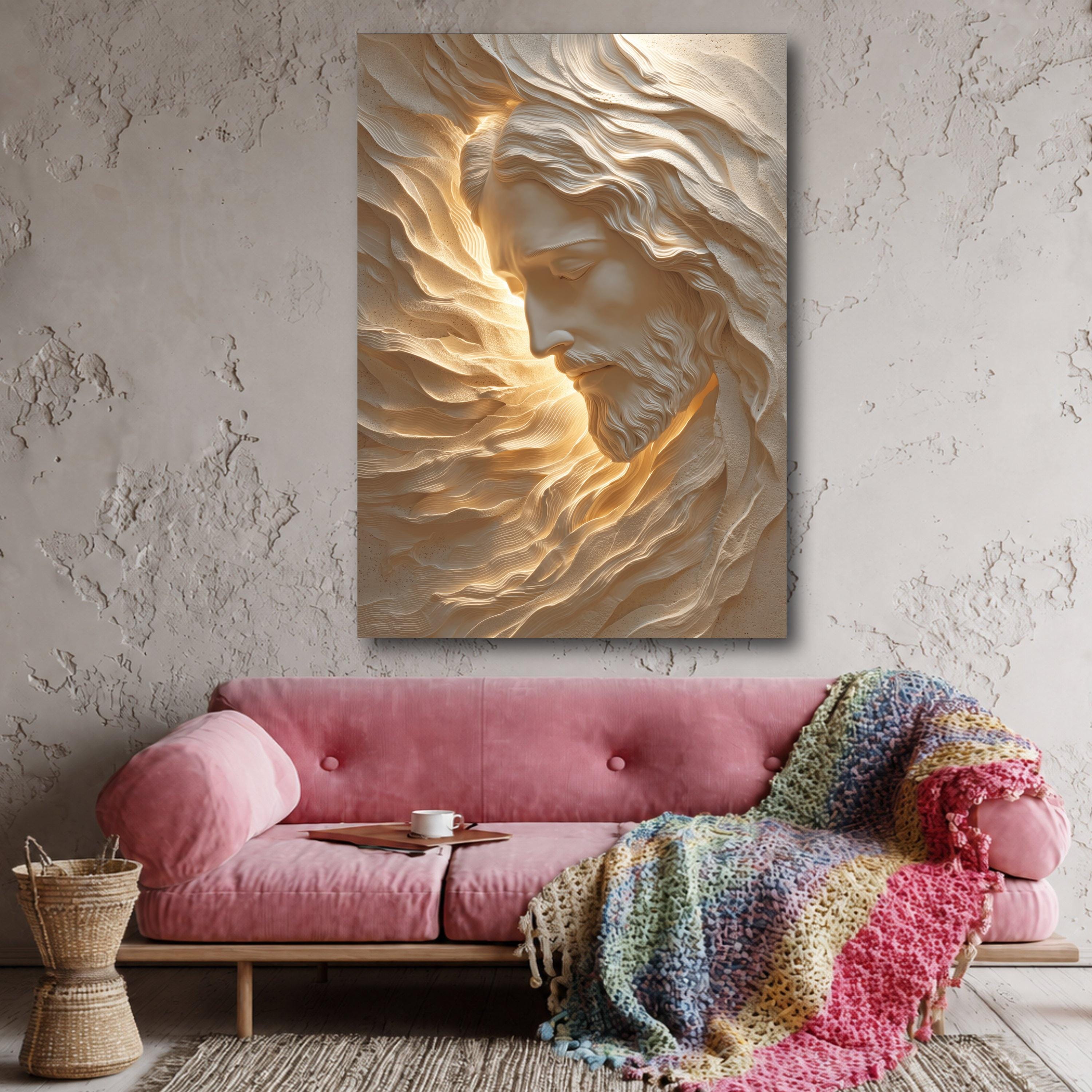 Radiant Jesus Portrait Canvas, Spiritual Wall Art, Divine Light Sculpture, Inspirational Religious Home Decor, Sacred Christian Canvas