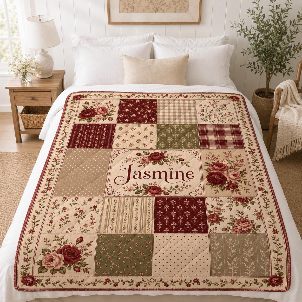 Personalized Floral Quilt Blanket, Custom Name Vintage Rose Patchwork Throw, Cottagecore Quilt Gift for Her