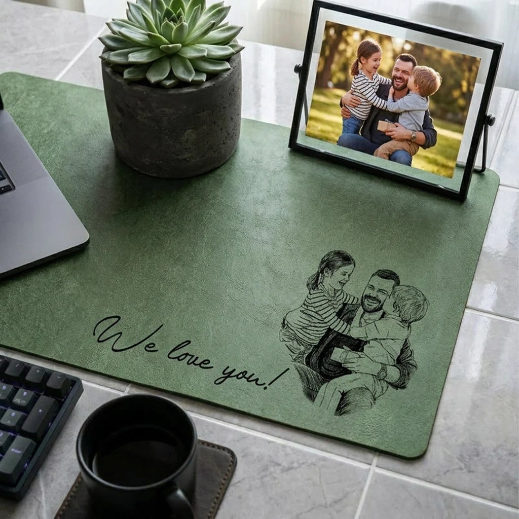 Leather Desk Mat with We Love You Sketch - Custom Family Office Gift for Dad in Warm Green