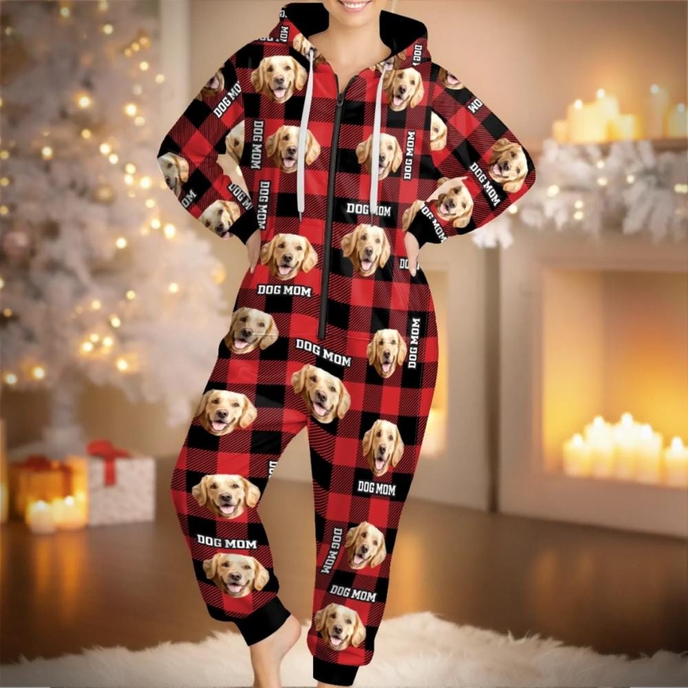Custom Photo Adult Onesie, Best Dog Mom Ever Pajamas, Christmas Gifts For Dog Cat Lovers, Dog Dad And Mom, Couple Hooded Onesie Jumpsuits