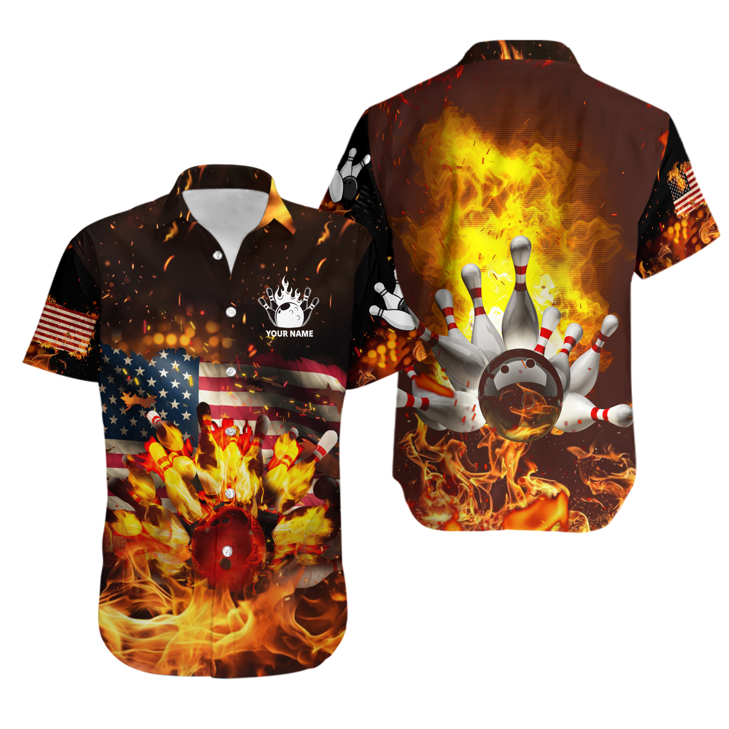 Custom Bowling Personalize Name USA Vintage Flame, Bowling Team Hawaiian Shirt