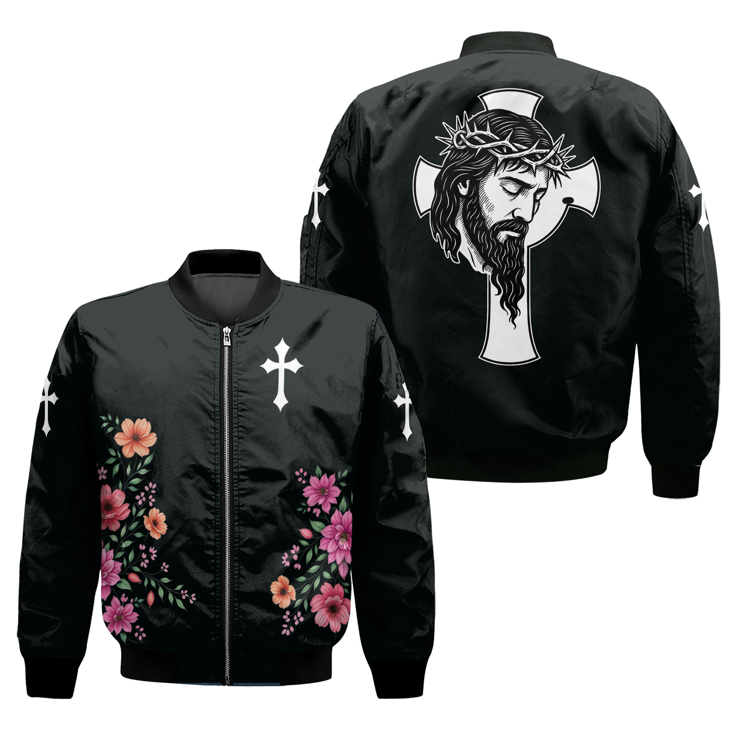 Jesus Floral Christ Cross Religious Christian Faith In God Xmas Bomber Jacket
