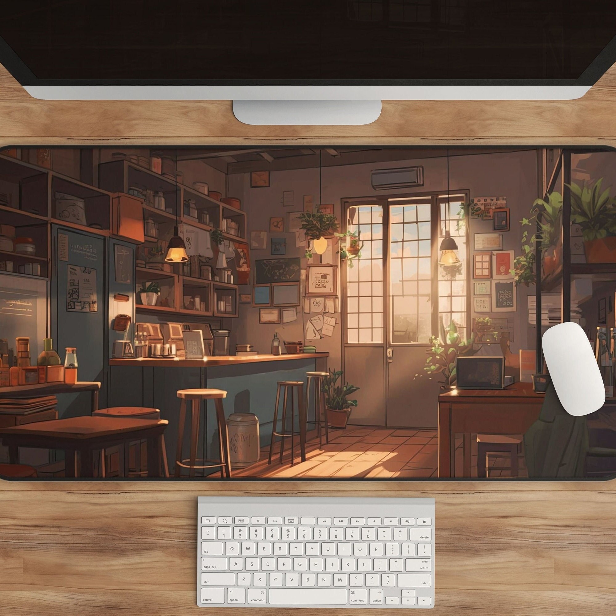 Anime Cafe Desk Mat, Lofi Aesthetic Large Mousepad