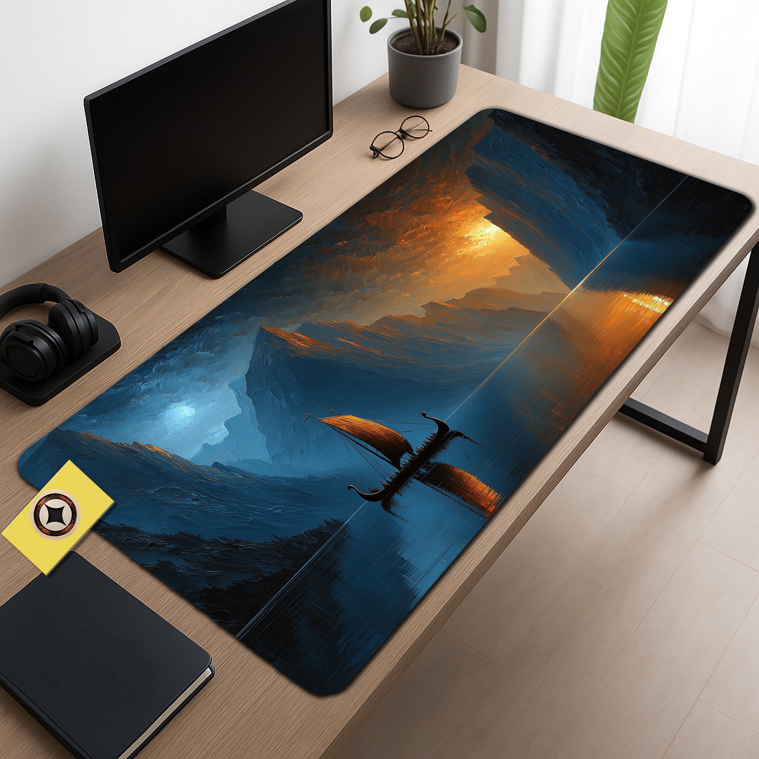 Viking Longship Desk Mat - Serene Fjord Sunset, Extended Mouse Pad