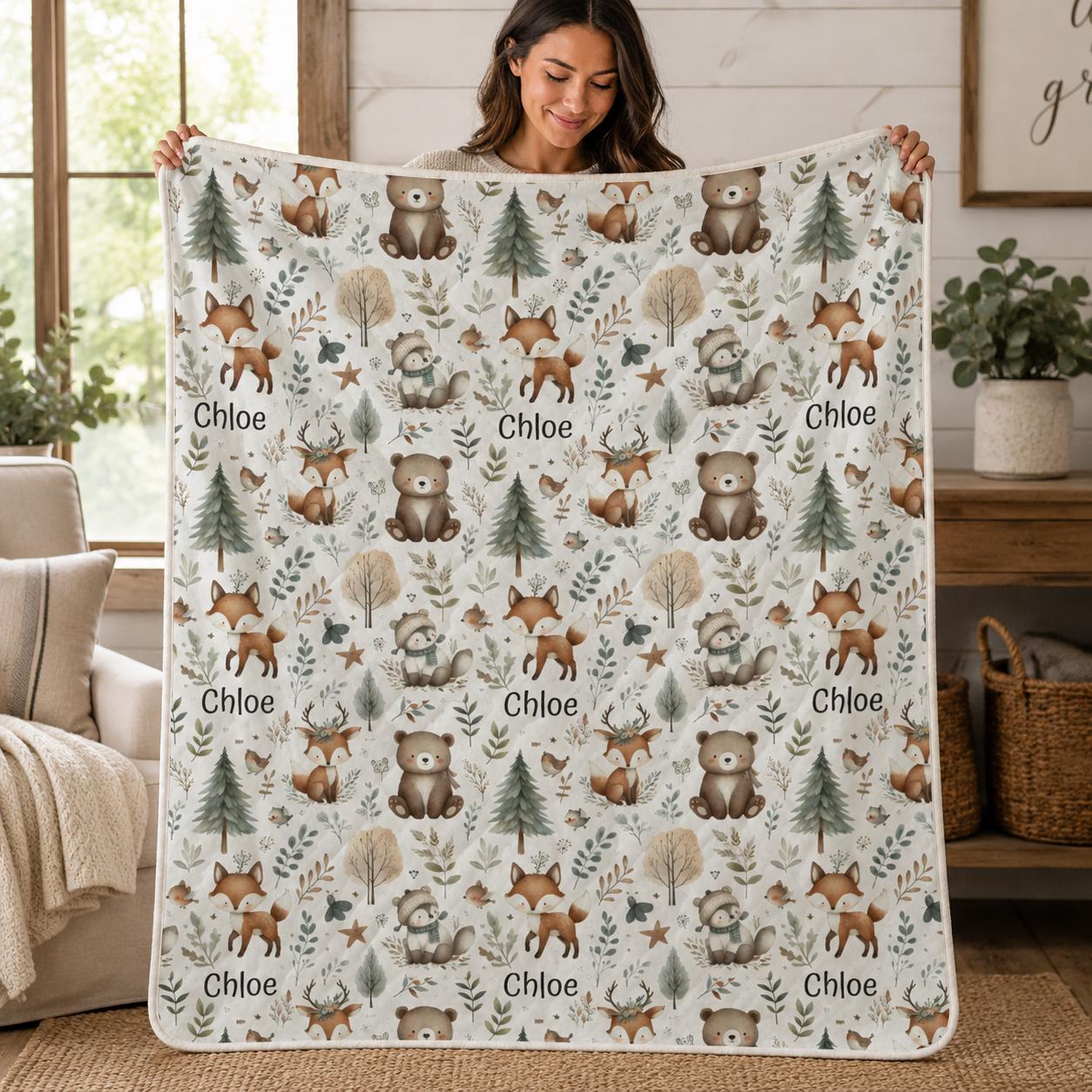 Personalized Woodland Baby Quilt, Custom Name Forest Animal Blanket, Neutral Nursery Bedding