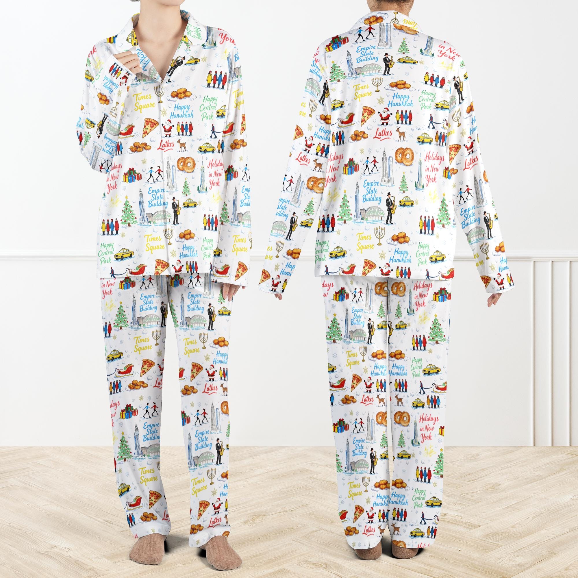 Christmas Holidays In New York Pajama Set For Women And Kids, Silky Christmas PJs Set, NYC Winter Sleepwear, Times Square Gift, Festive Gift