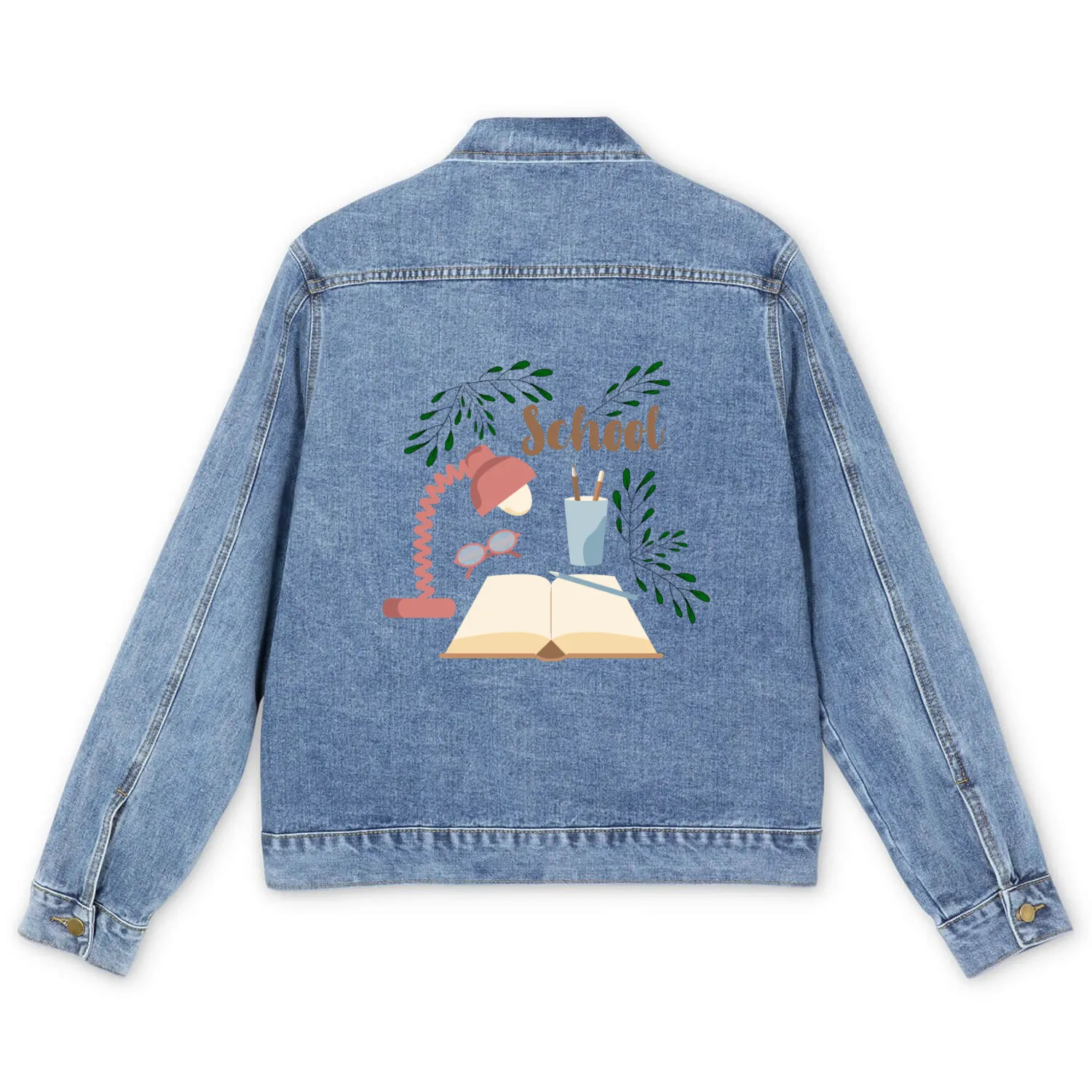 School print with plants open book and eyeglasses Men's Denim Jackets