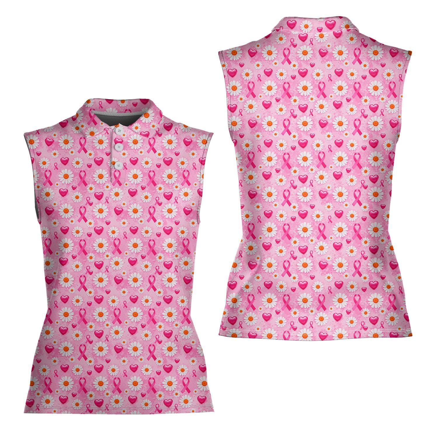 Women's Sleeveless Pink Ribbon Polo Shirt, Breast Cancer Awareness Clothing, Cancer Support Outfit