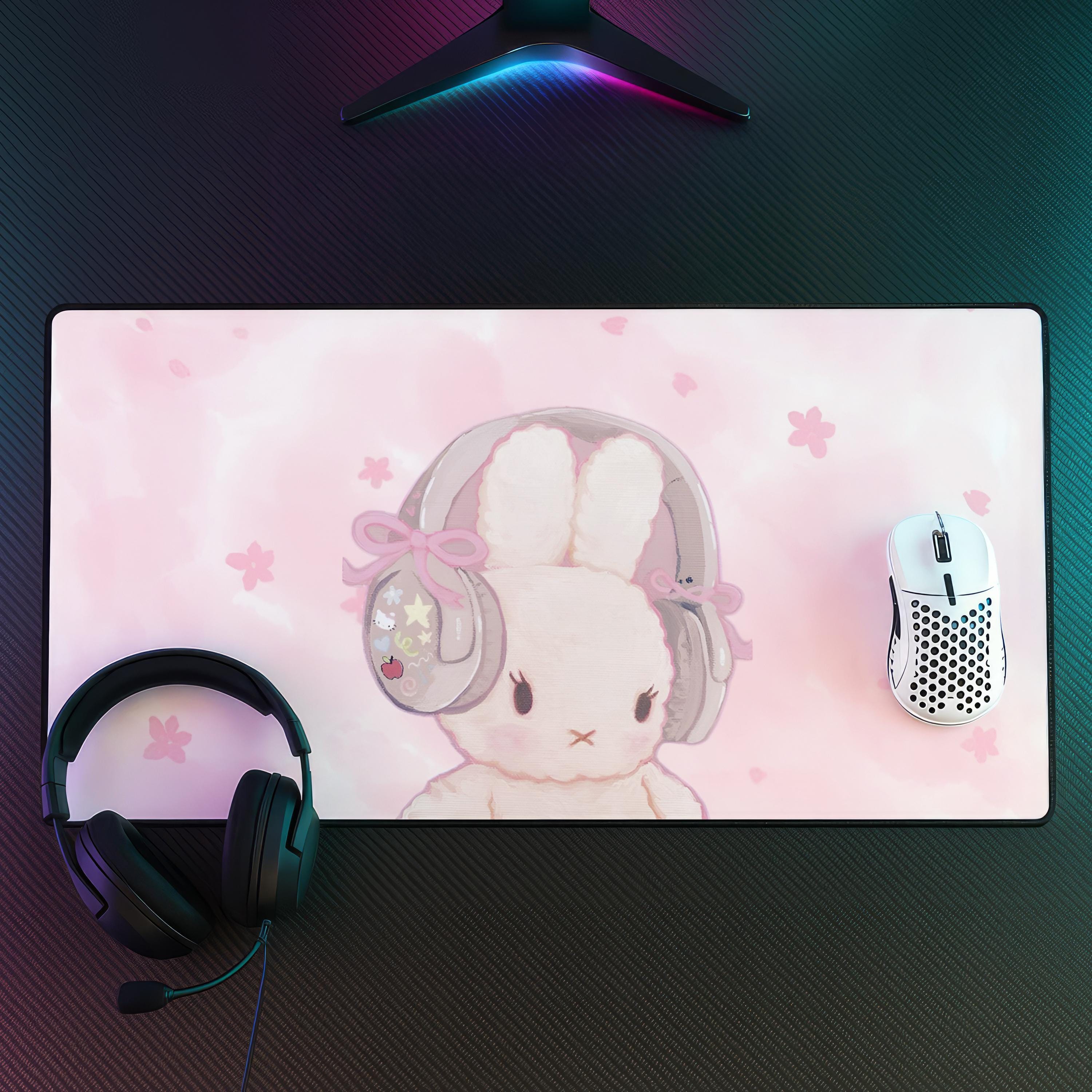 Bunny Desk Mat, Kawaii Mouse Pad, Pastel Rabbit Mousepad, Gamer Girl Desk Pad, Coquette Desk Mat