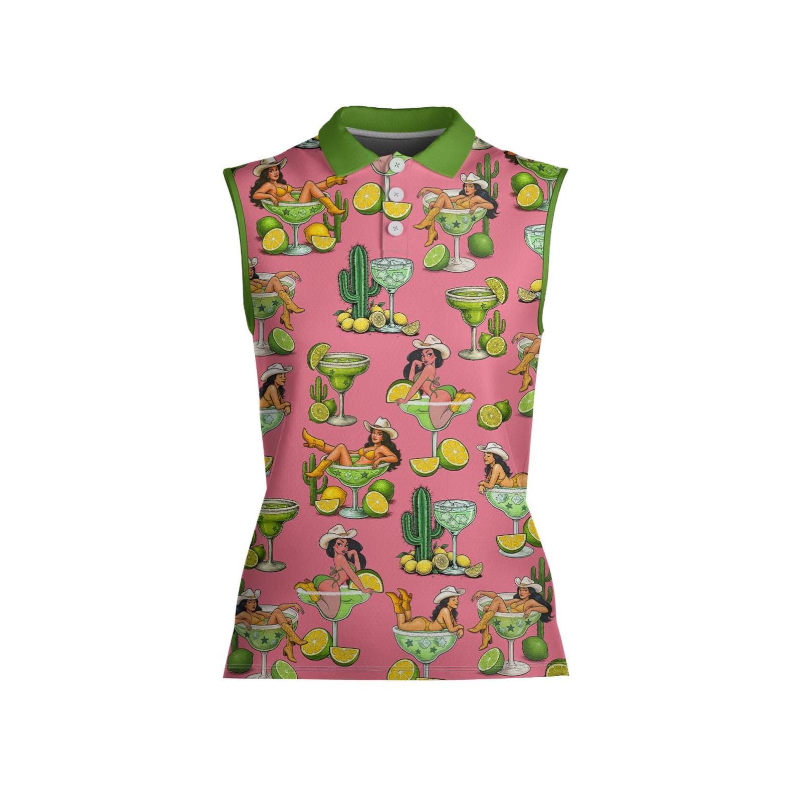 Women’s Sleeveless Polo Shirt, Margarita Themed Pink Golf Polo, Cowgirl Cocktail Golf Shirt