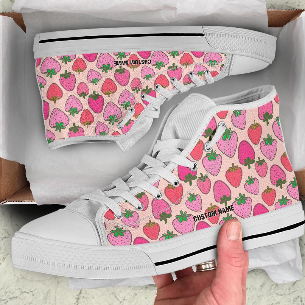 Strawberry Custom Name High Top Sneakers / Strawberry High Top Shoes / Strawberry Custom Print Trainers Shoes / Strawberry Lover Gift