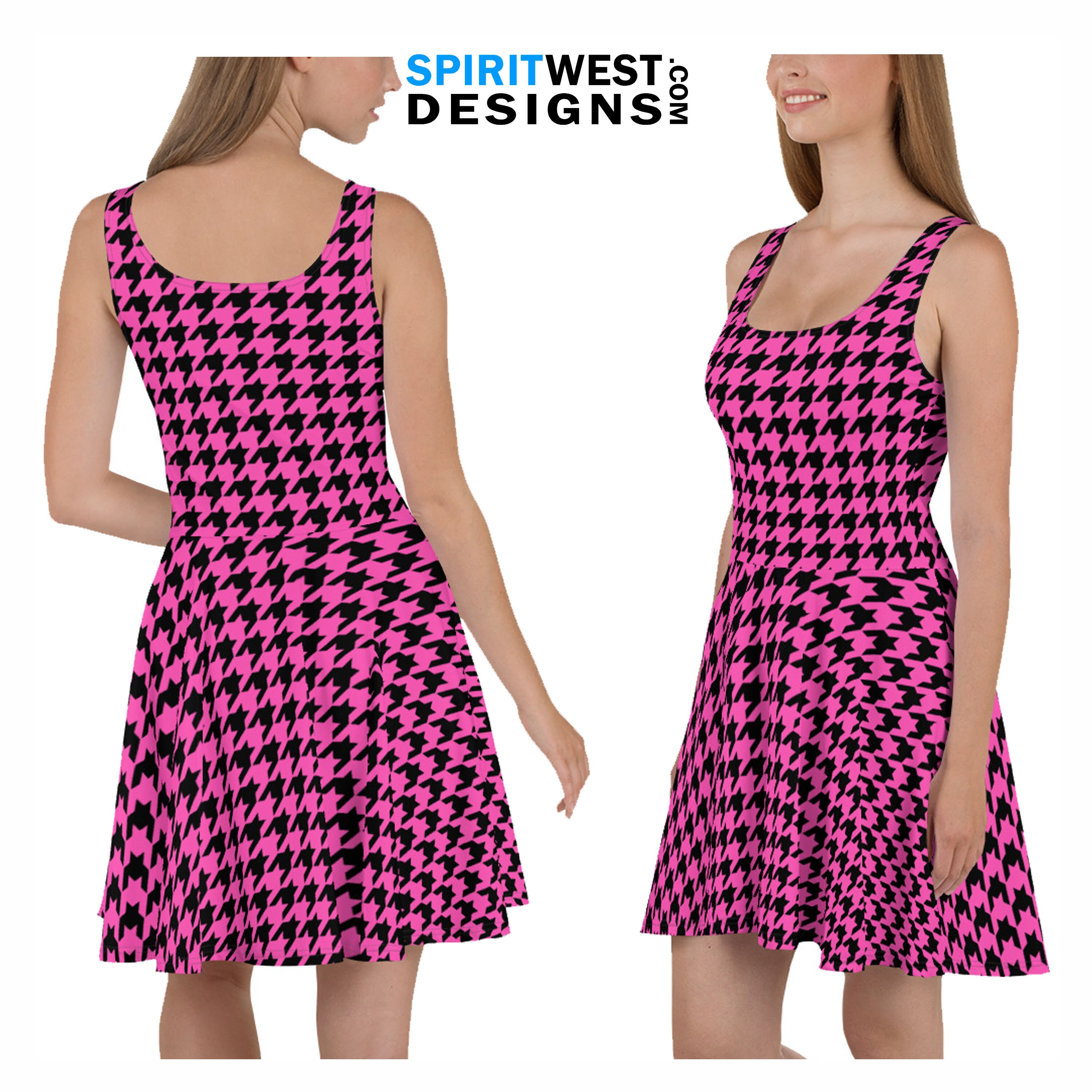 Pink Houndstooth Christmas Dress | Holiday Skater Dress | Party Cosplay Costume