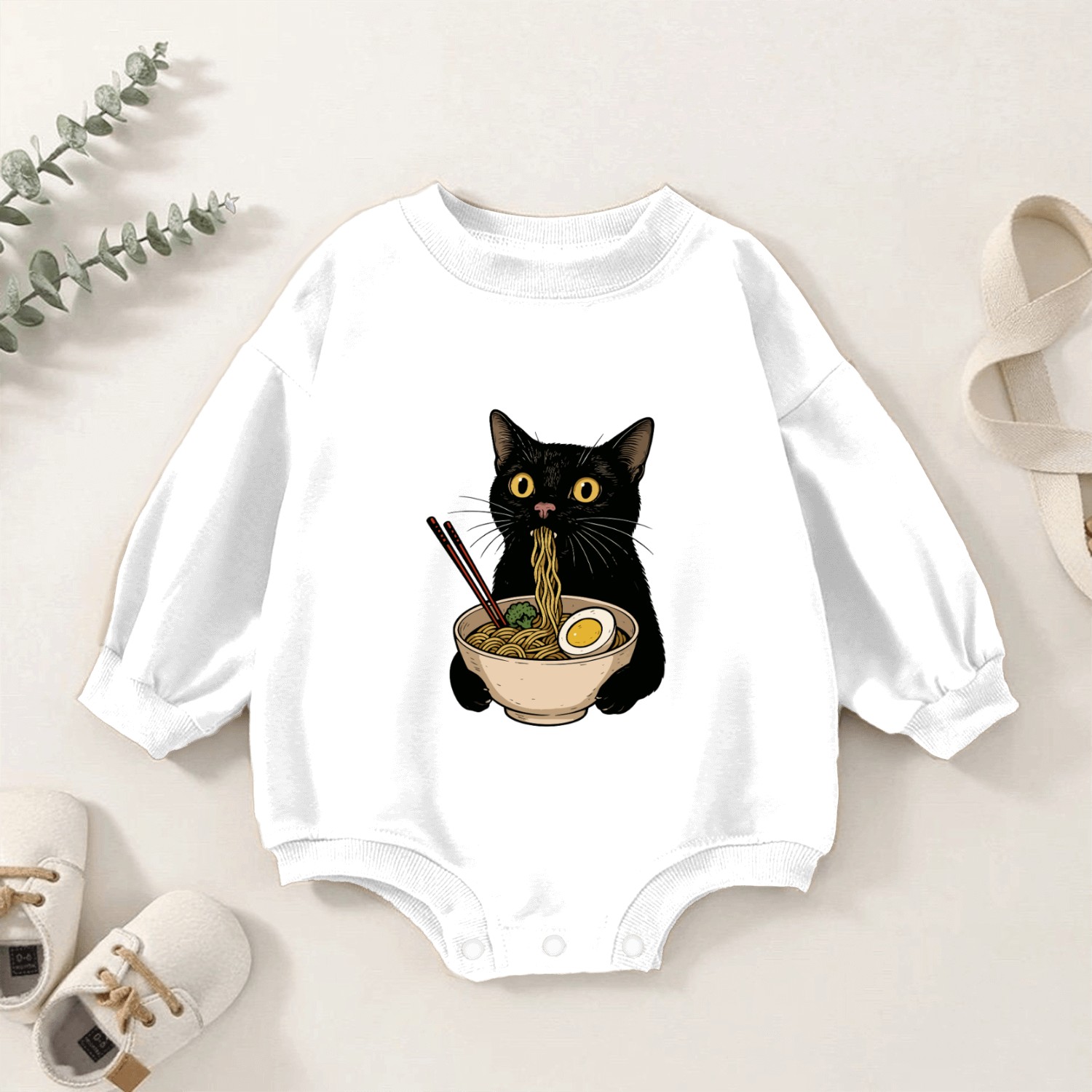 Black Cat Eating Ramen Noodles, Cute Japanese Food Baby Romper Sweatshirts