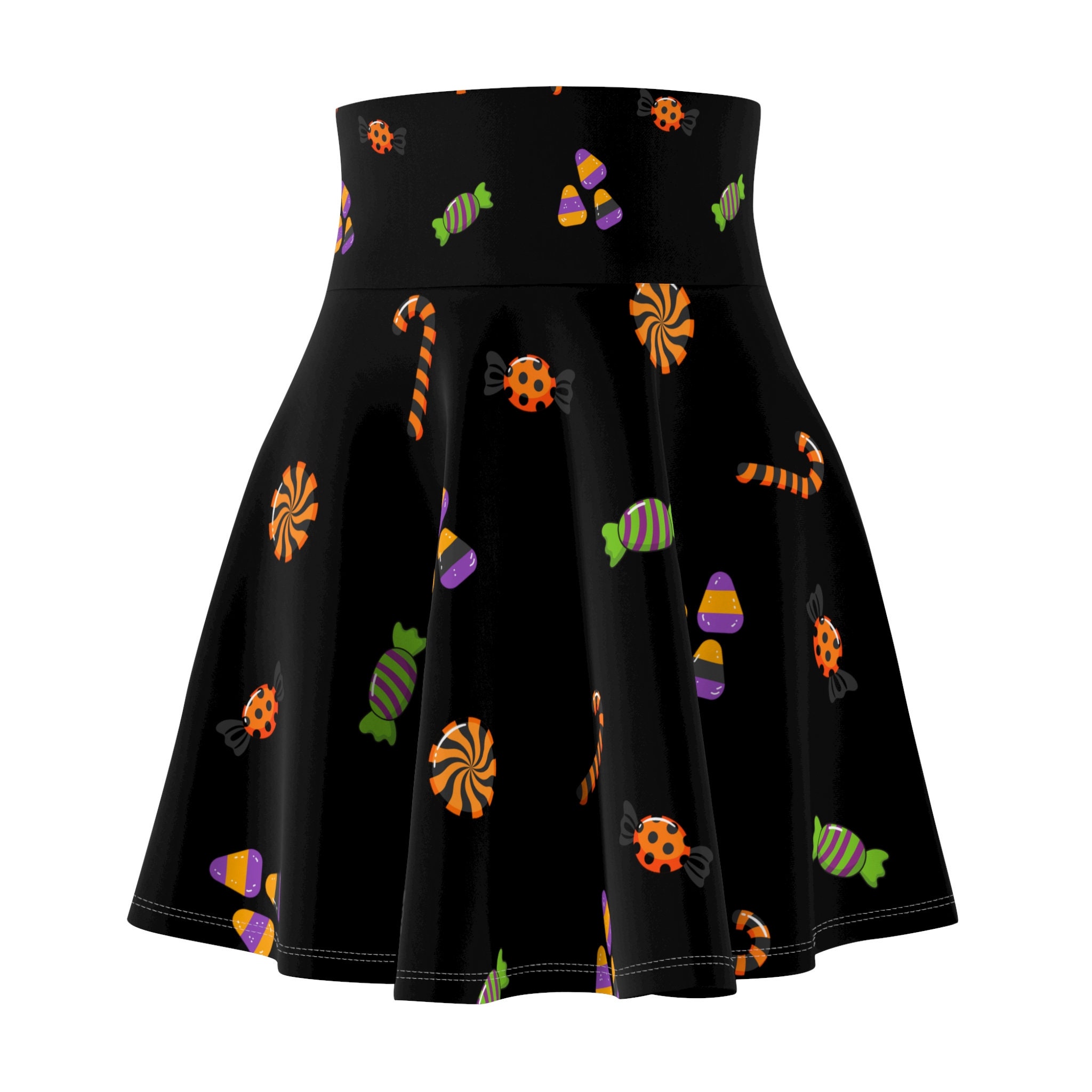 Halloween Candy Skirt, Spooky Season Fall Circle Skirt, Trick or Treat Themed Halloween Clothes, Cute Candy Print, Black with Vibrant Print