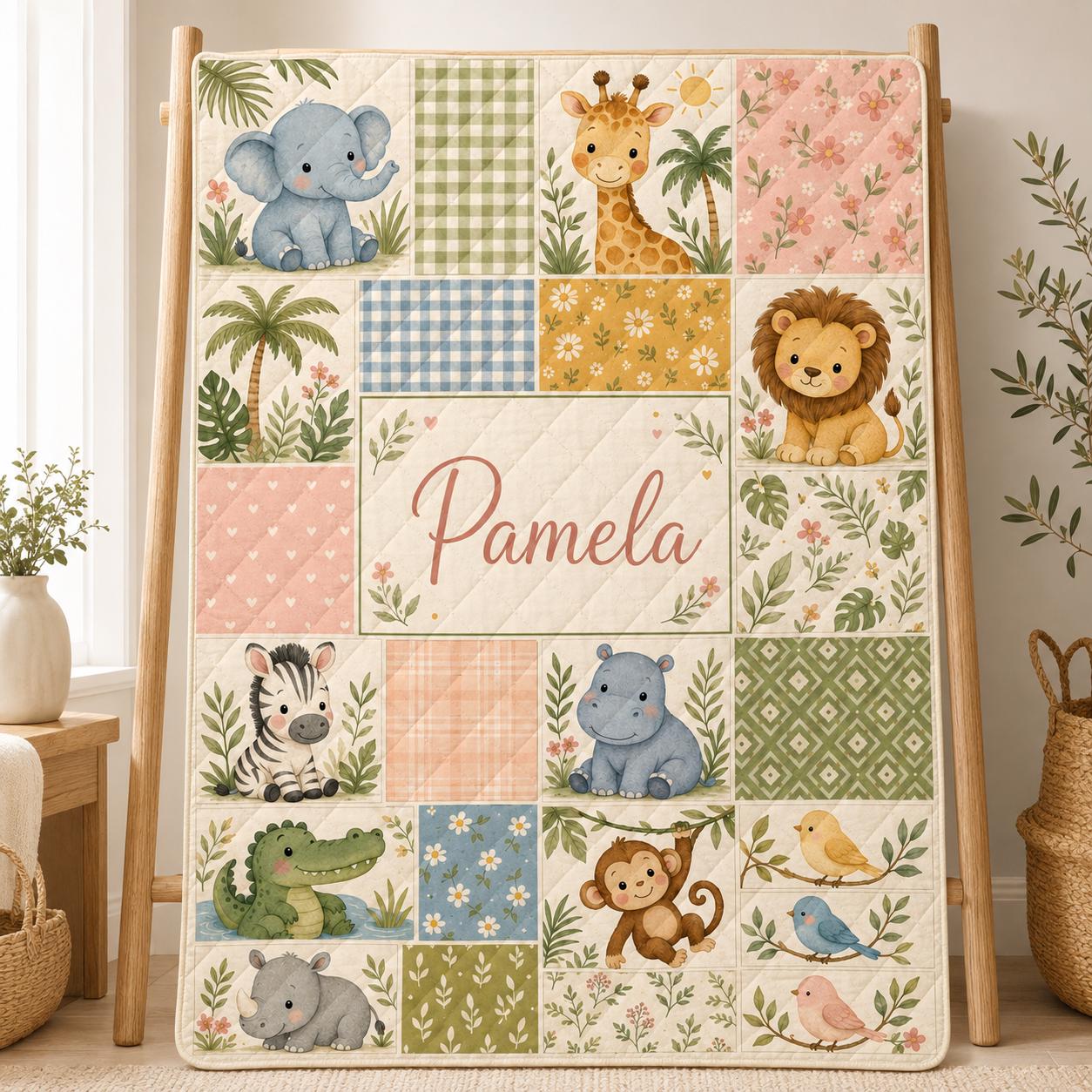 Personalized Safari Quilt Blanket, Custom Name Baby Animal Throw, Jungle Nursery Decor, Baby Shower Gift