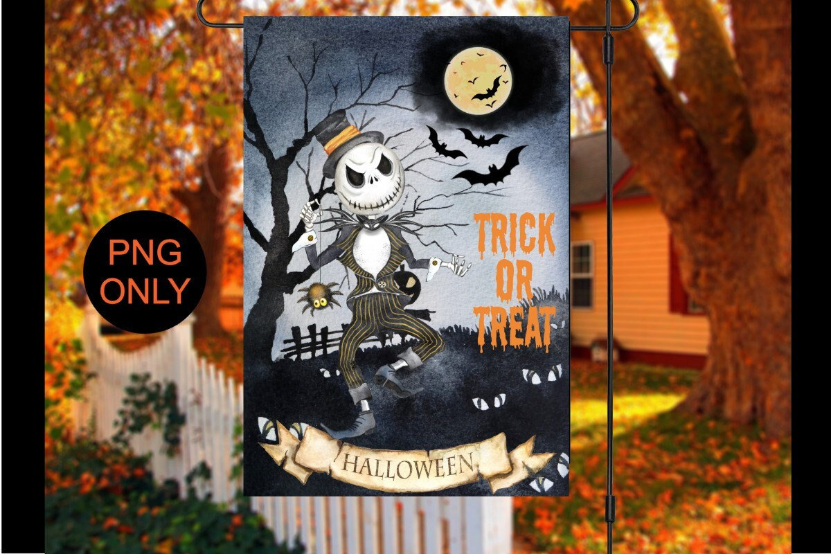 Halloween garden flag design, sublimation design, skeleton, jack o lantern