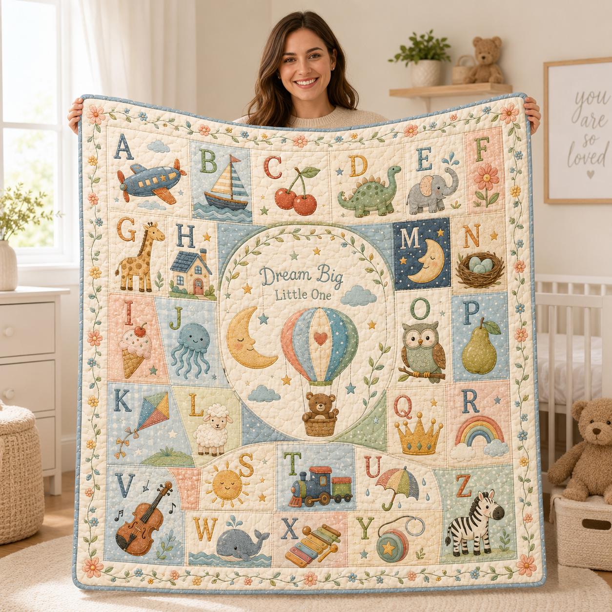 Alphabet Learning Quilt for Toddler Nursery, ABC Baby Blanket, Animal Design Quilt