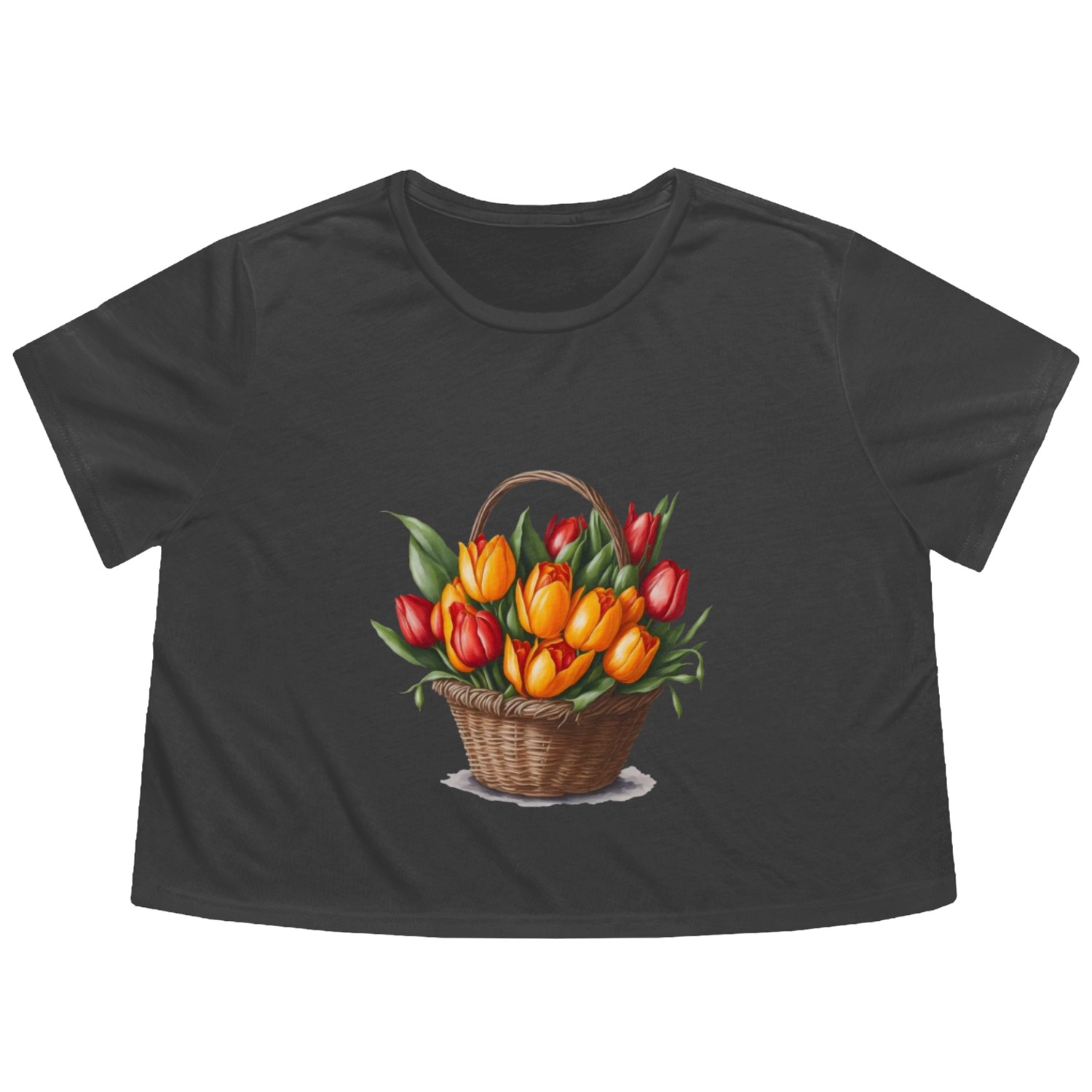 A bouquet of tulips in a basket. Flowy Cropped Tees