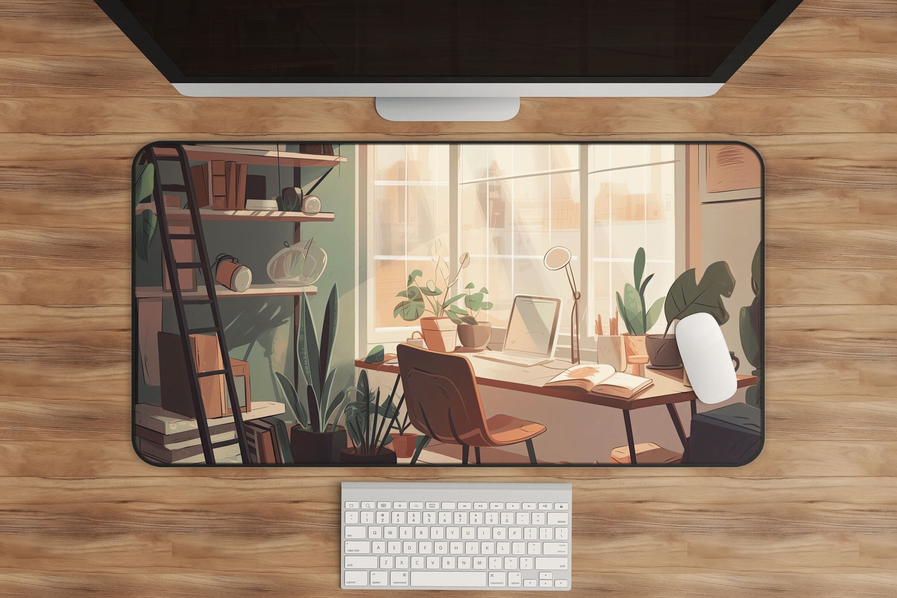 Anime Desk Mat with Lofi Art, and Plant Lover Design