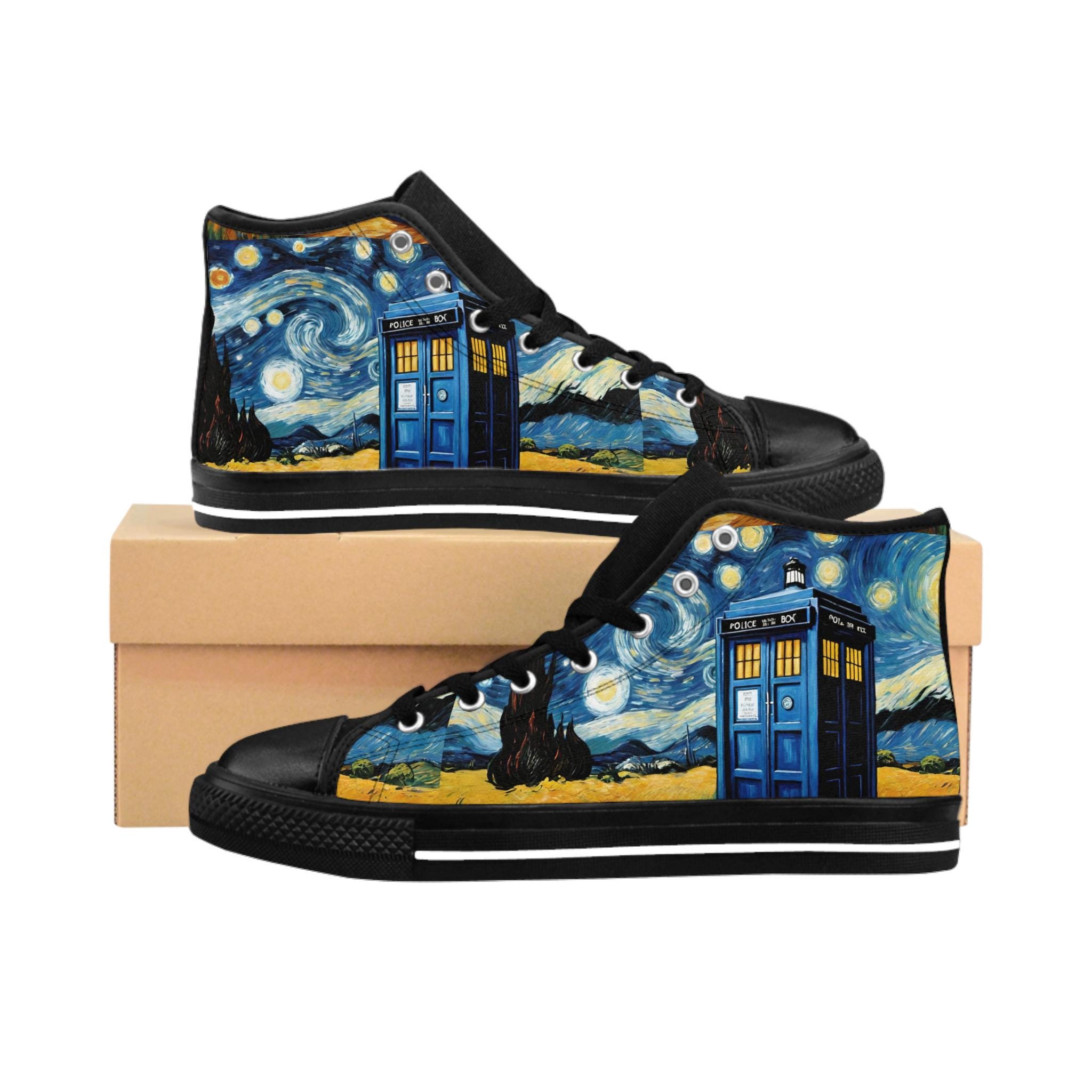 Starry Night tardis Sneakers mens Classic Sneakers | Sci Fi Police Box, Geeky Shoes