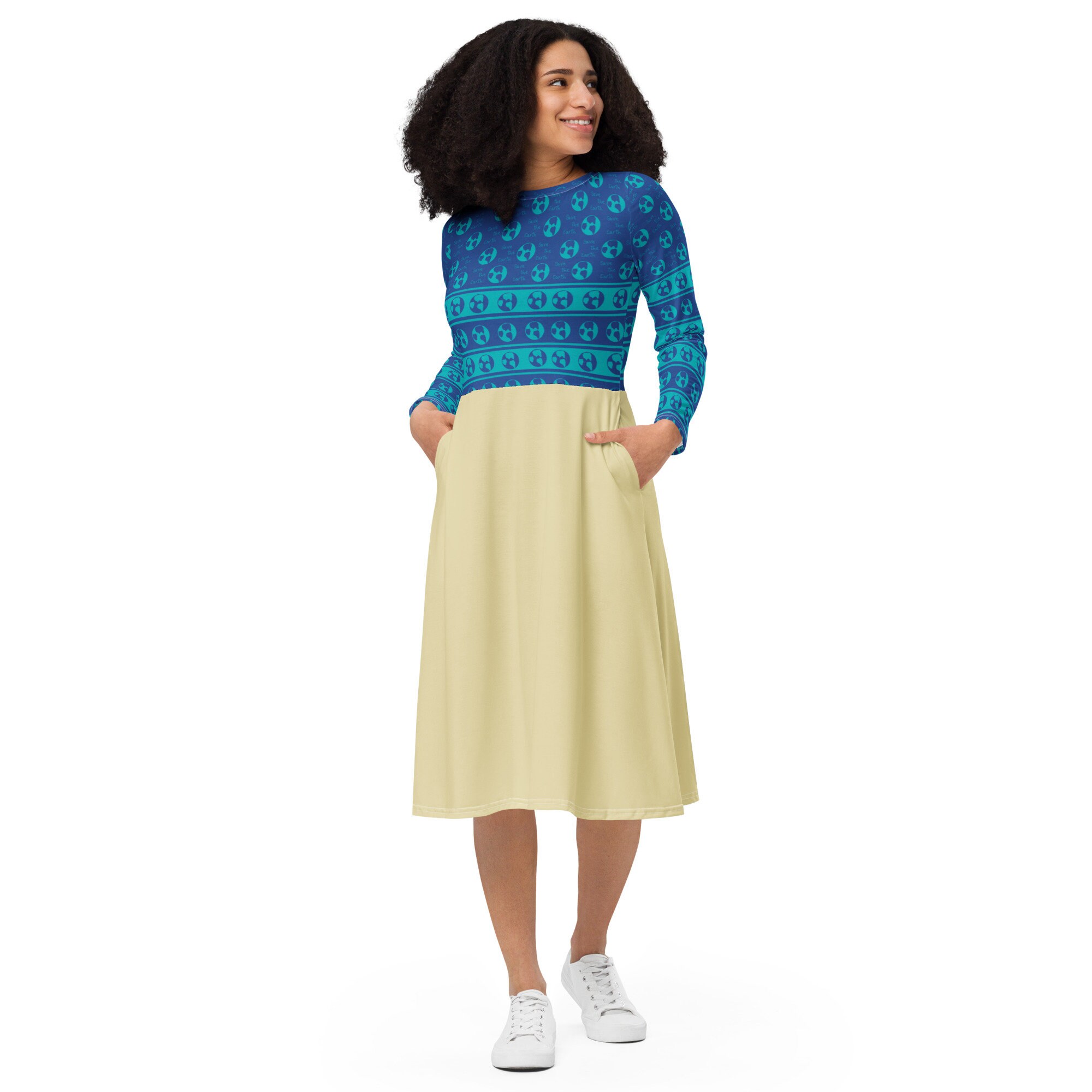 Living Land Cast member inspired All-over print long sleeve midi dress