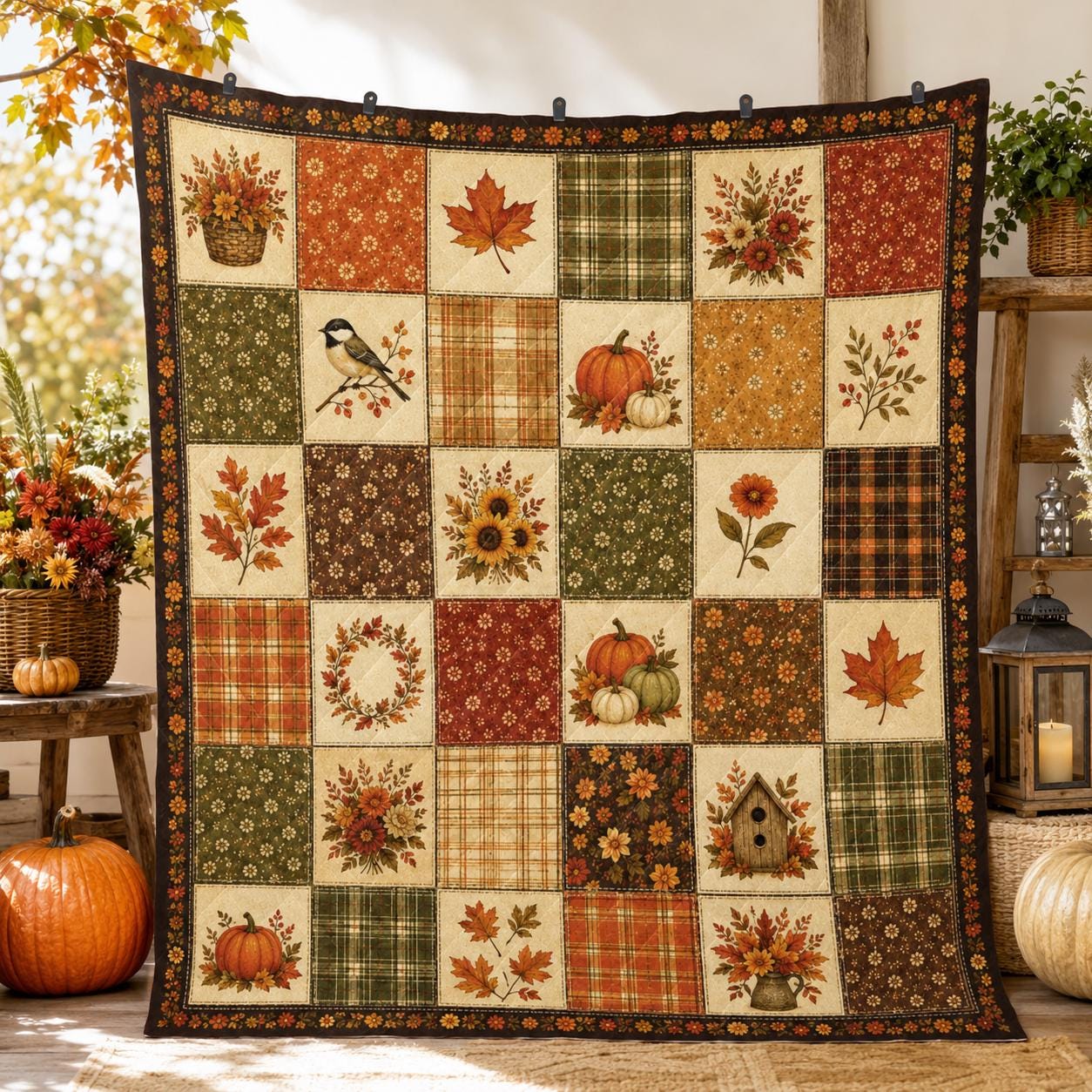Autumn Quilt Blanket, Fall Patchwork Pumpkin Throw Blanket, Farmhouse Cottagecore Fall Decor Quilt