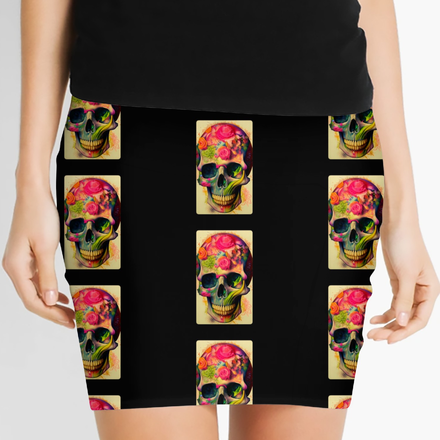 digital image of a skull with a flower tattoo Women's Mini Skirts