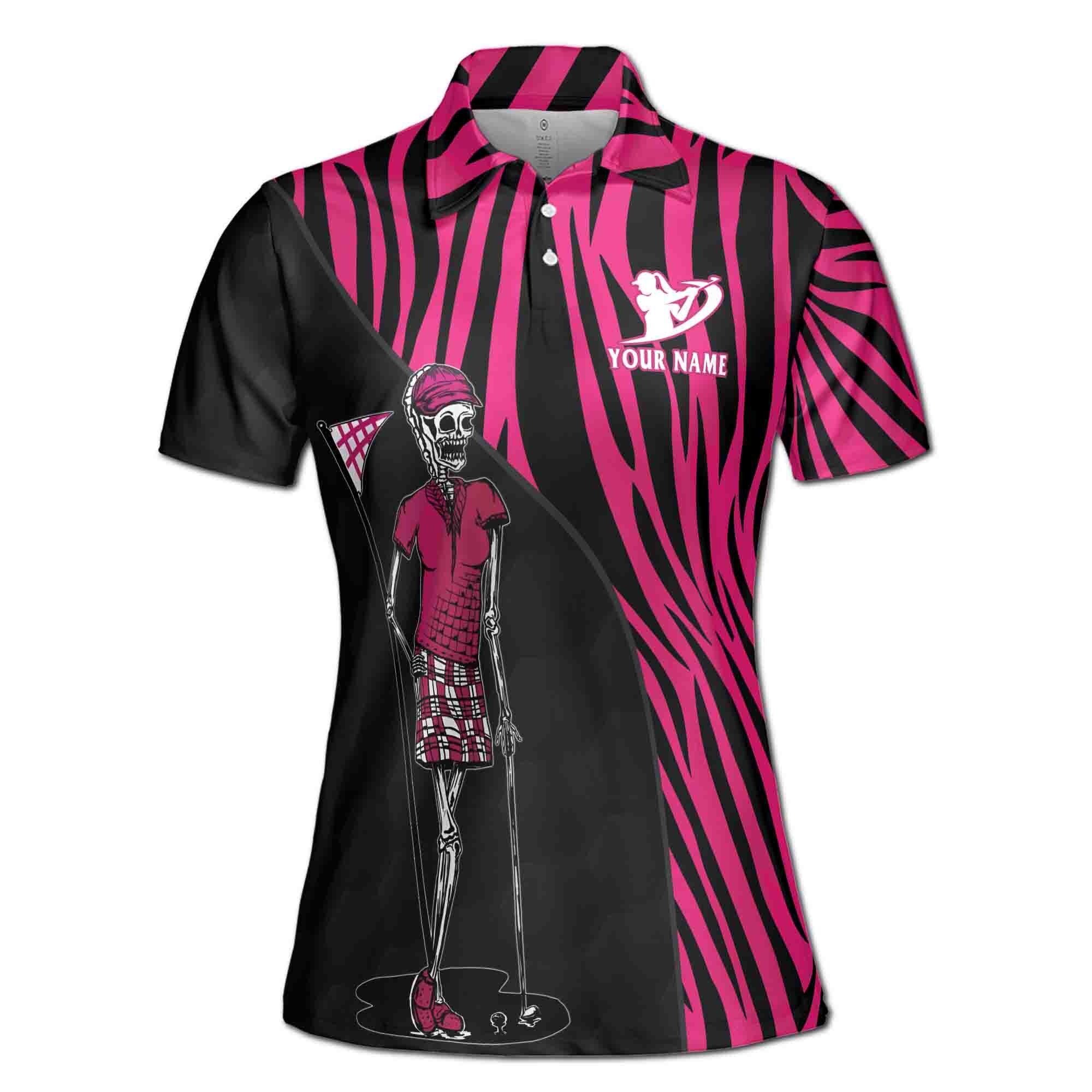 Custom Name Team Name Black Pink Zombie Zebra Pattern Golf Women's Polo Shirt