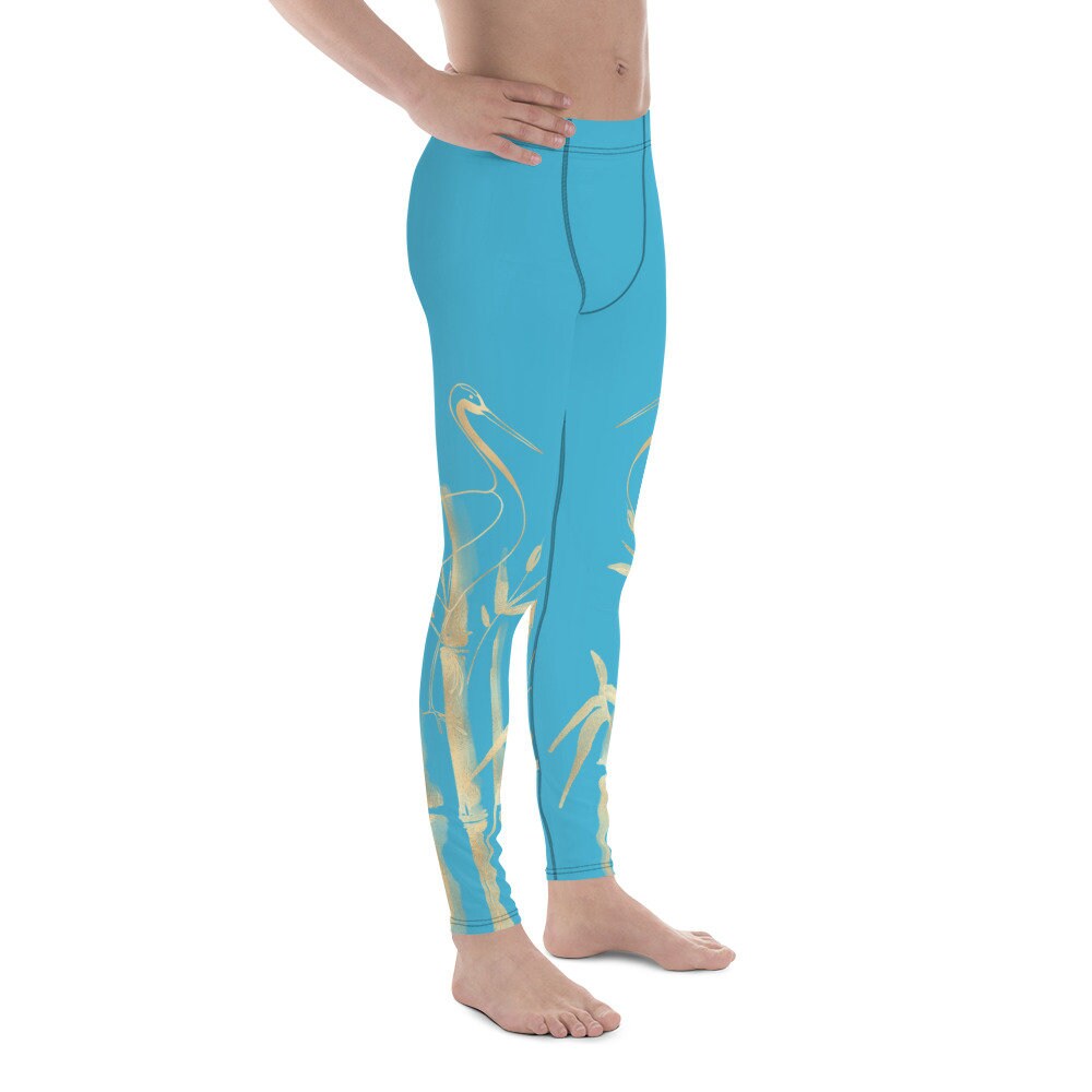 Men's Leggings Gold Grane, Gold Bamboo Leaf, Summer Sky Blue background