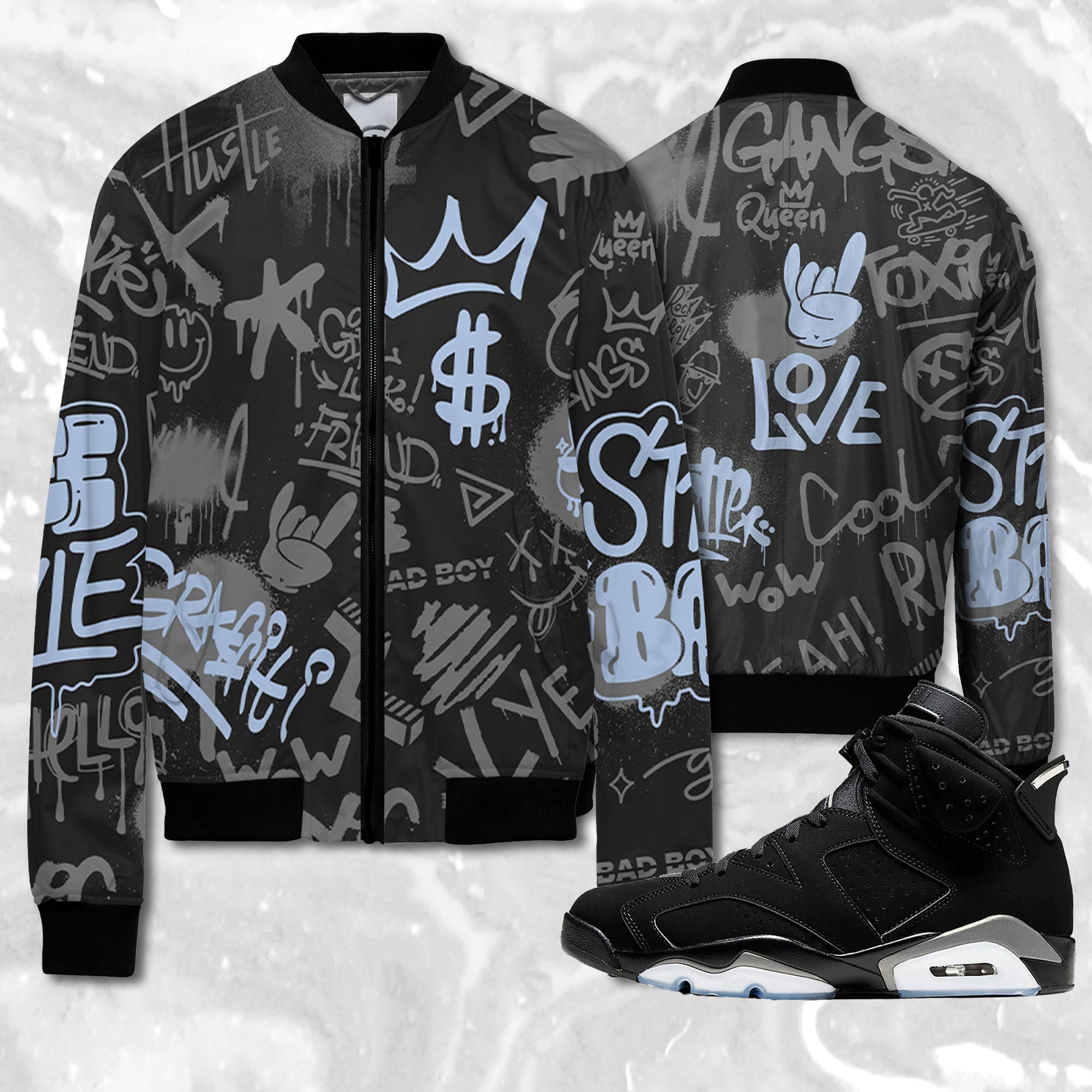 Graffiti King 3D Doodle Style Jacket Match Jordan 6 Black Chrome Metallic Silver