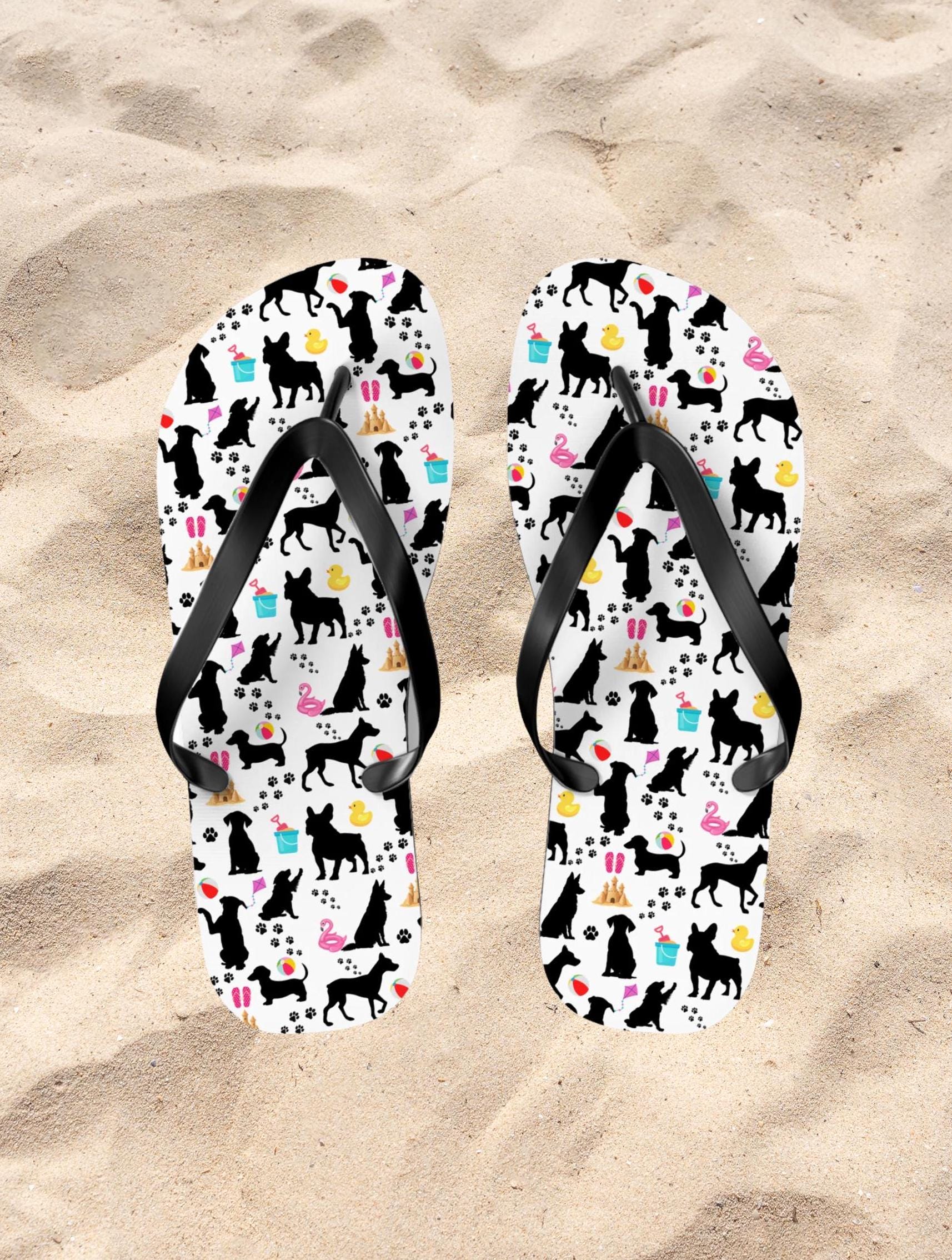Dog Breed and Beach Toys Flip Flops - Summer Vacation Beach Time Sandals, Spring Time Spirit, Fun Dog Lover Gift, Beach Theme Footwear, Paw