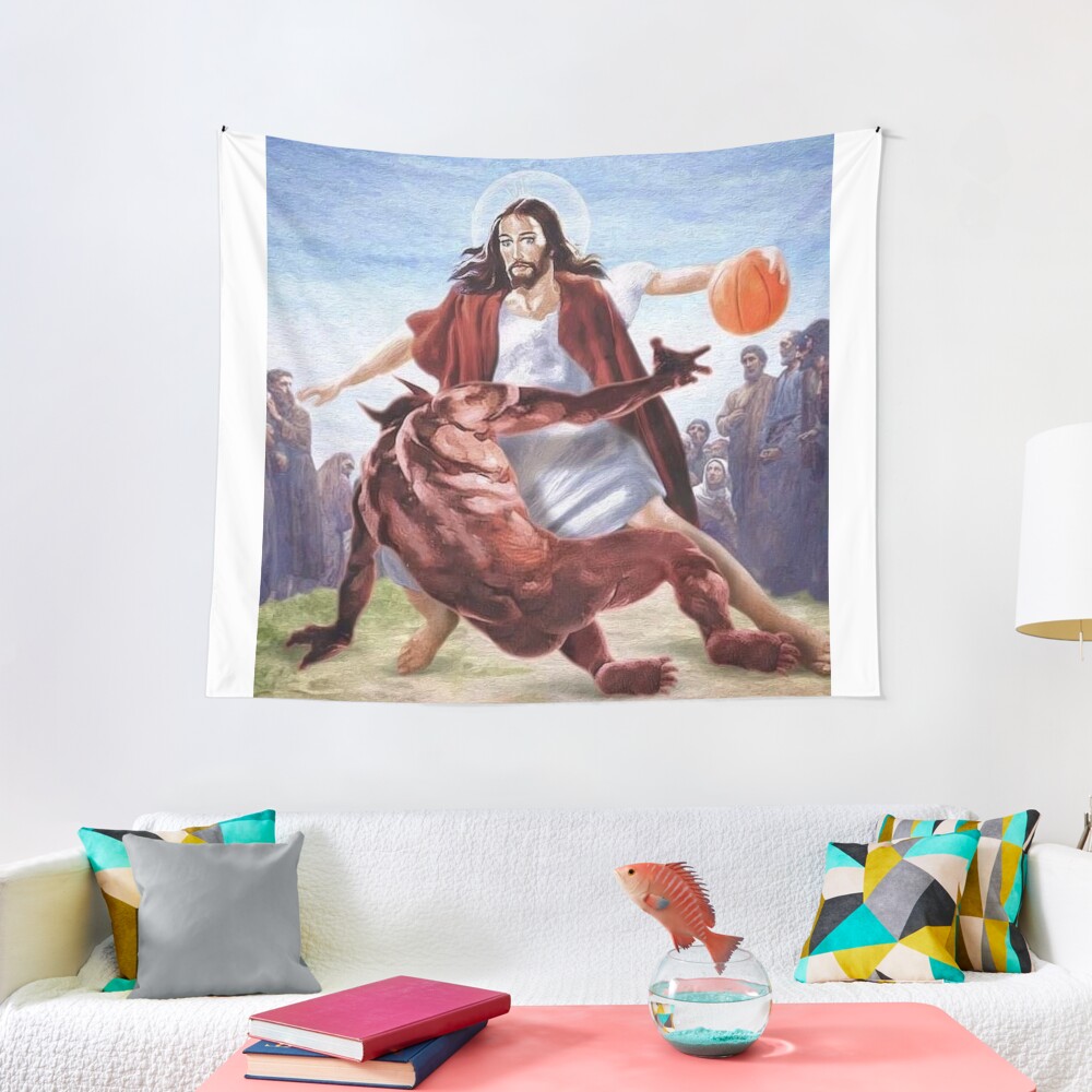 Jesus vs Satan in Basketball Tapestry