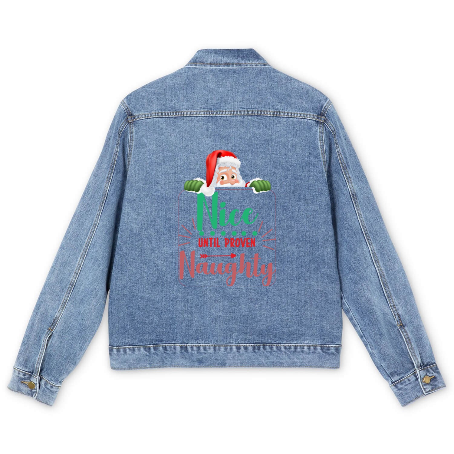 Green and Red Santa's Nice Christmas Quote Men's Denim Jackets