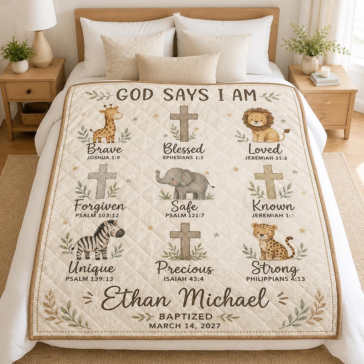 Personalized Baptism Quilt Blanket, God Says I Am Safari Animals Christian Baby Quilt