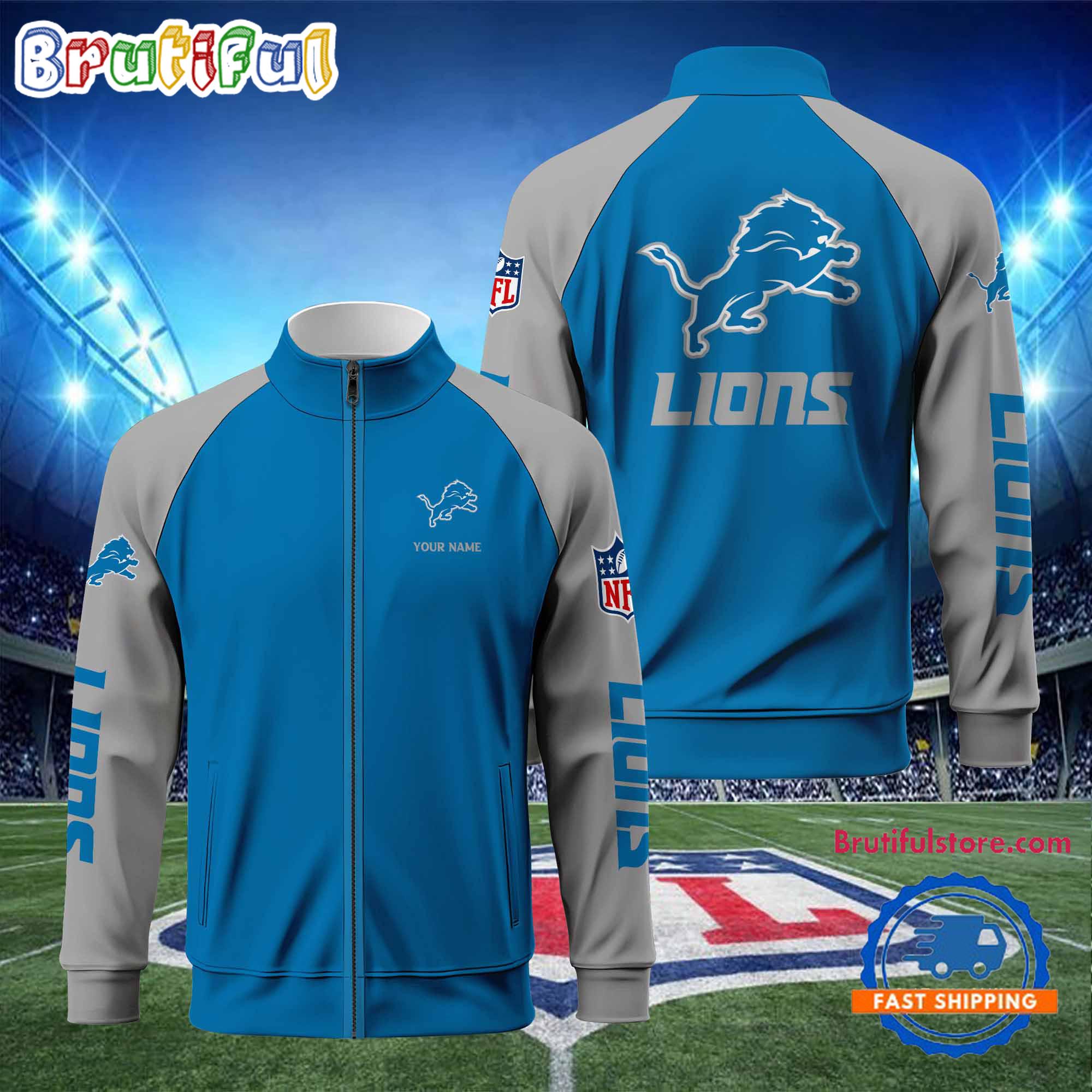 Detroit Lions Football Team Custom Name Standing Neck Zipper Jacket