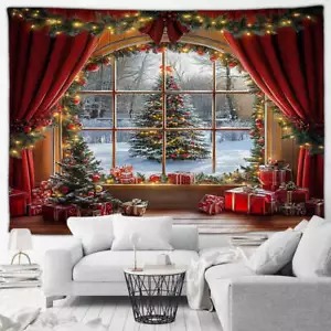 Christmas Tapestry Red Curtain Xmas Trees Outside Window Winter Forest Landscape