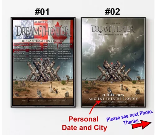 Dream Theater 40th Anniversary 2025 Poster, Custom Date and City Tour