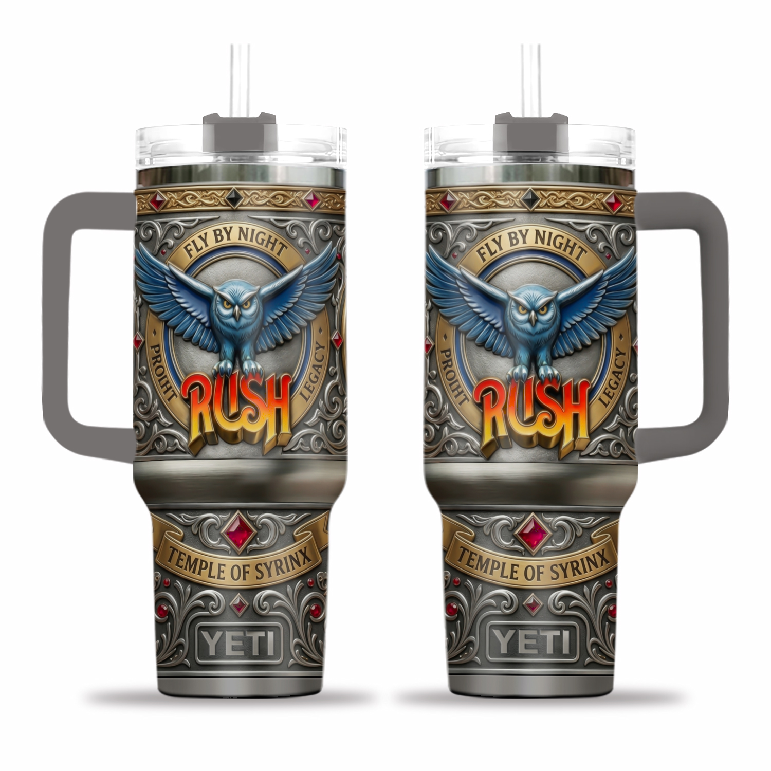 Rush Band 40oz Tumbler with Handle Fly By Night Owl Design Progressive Rock Silver Blue Ornate Insulated Travel Mug Music Legend Fan Gift