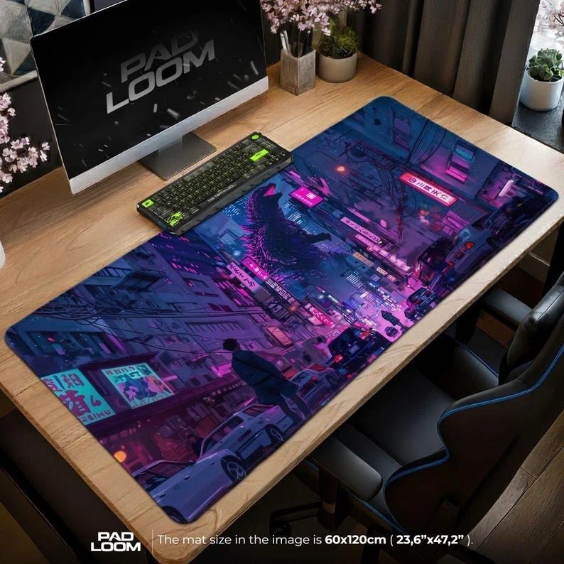 god zilla Mouse Pad Cyberpunk Desk Mat, Kaiju Neon Tokyo Gaming Pad